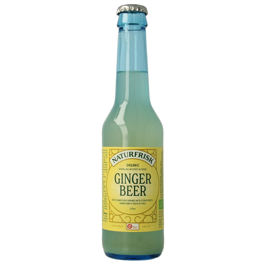 Naturfrisk organic ginger beer in a 275ml bottle, featuring fresh ginger and natural ingredients, for a refreshing drink.