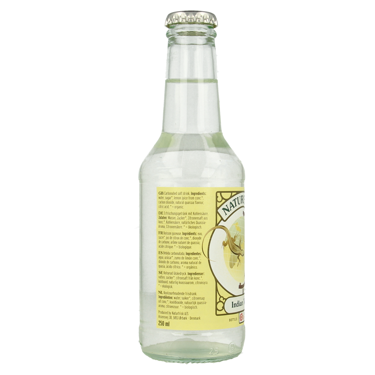 Naturfrisk Indian tonic bio in a 250ml bottle, showcasing the label and clear liquid inside.