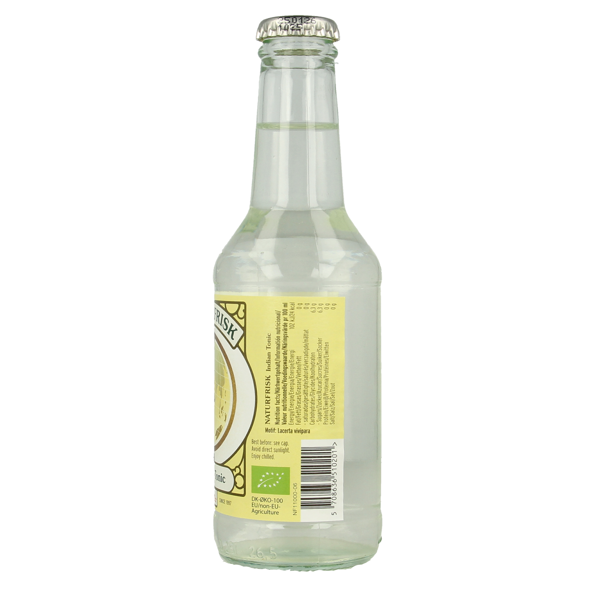 Naturalfrisk Indian tonic bio in a 250ml bottle, featuring clear liquid with a hint of citrus and herbs, in a tall glass.