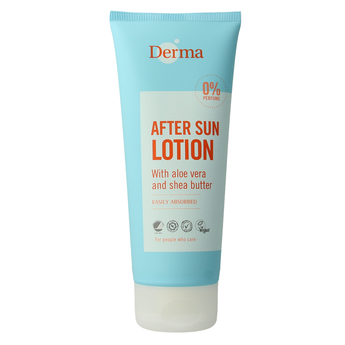 Derma Aftersun lotion 200ml bottle with pump dispenser, soothing aftersun skincare for sun-exposed skin.
