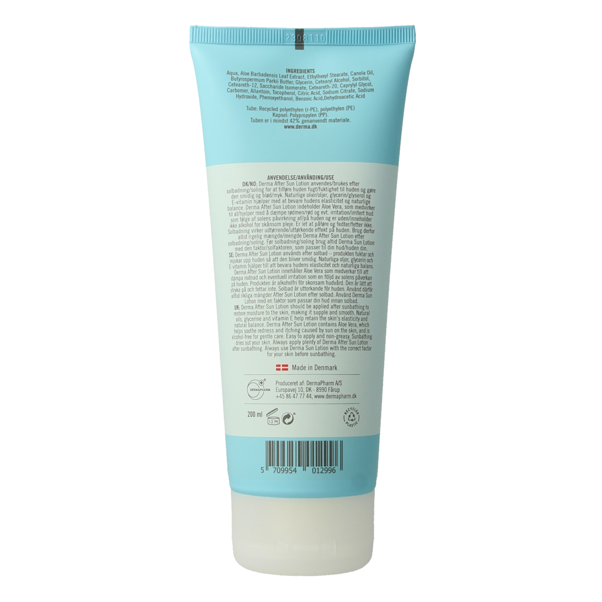 Derma Aftersun lotion in 200ml bottle, moisturizing sun care product with calming ingredients for sun-exposed skin.