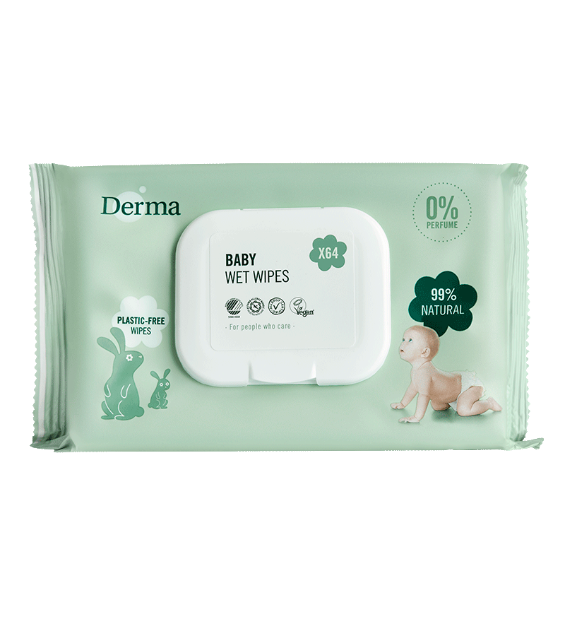 Derma Eco baby wipes 64 pack, soft and gentle cloths for baby's skin, in a colorful package with wipes visible inside.