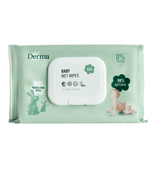 Derma Eco baby wipes 64 pack, soft and gentle cloths for baby's skin, in a colorful package with wipes visible inside.