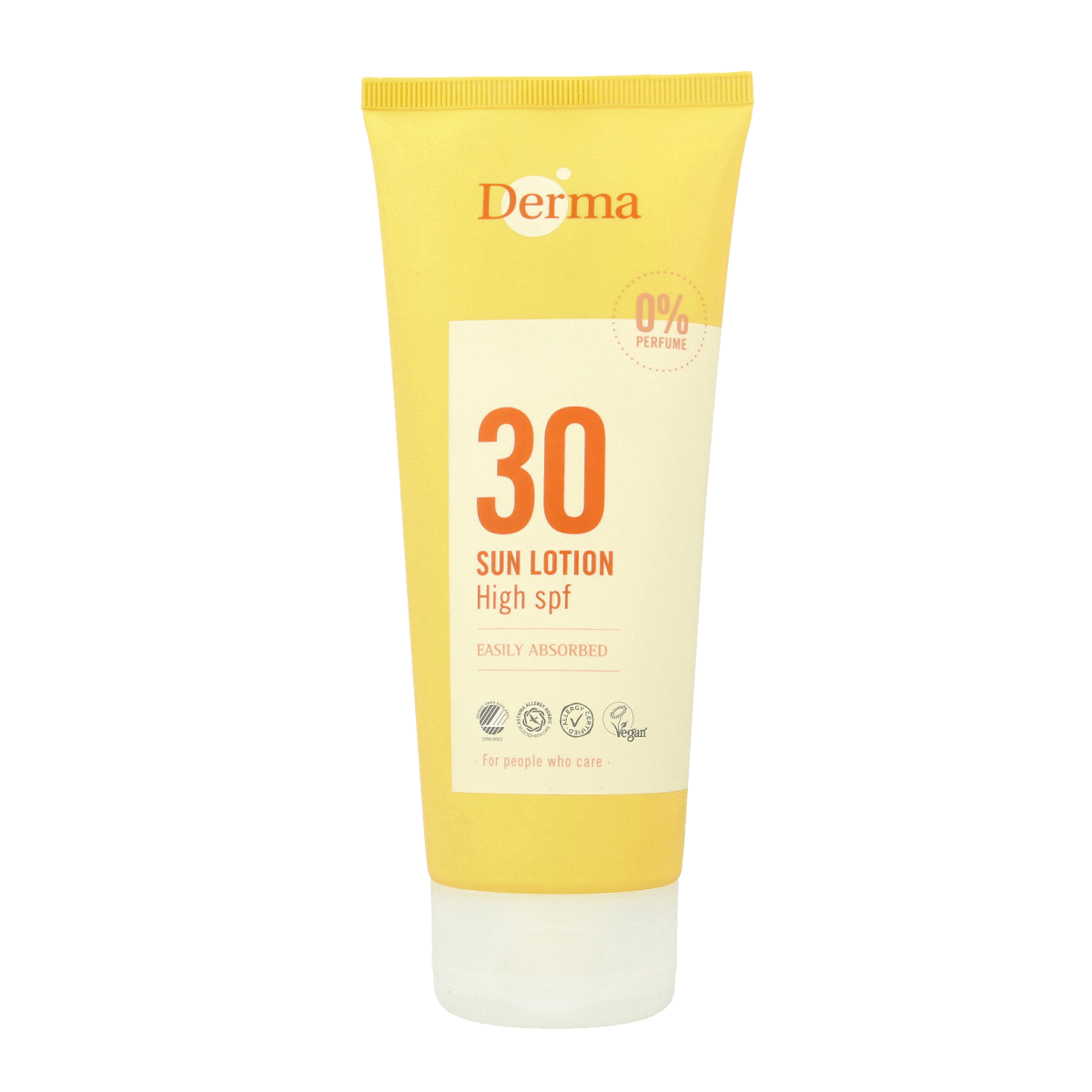 Derma Sun lotion SPF30 in 200ml bottle, sun protection product with pump dispenser, featuring label with blue and white design.