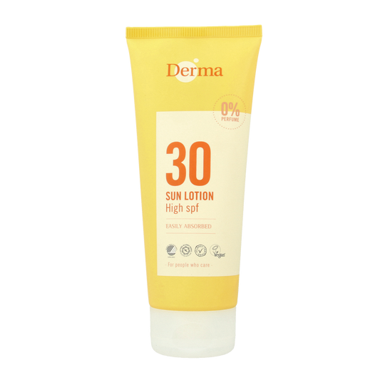 Derma Sun lotion SPF30 in 200ml bottle, sun protection product with pump dispenser, featuring label with blue and white design.