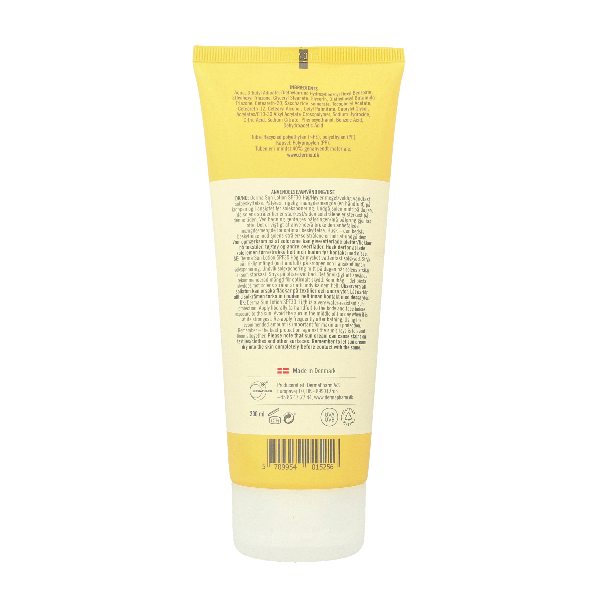 Derma Sun SPF30 lotion in 200ml bottle, designed for sun protection, with a smooth, creamy texture and a white pump dispenser.