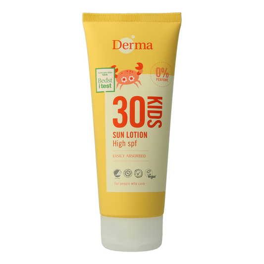 Derma Kids SPF30 sun lotion bottle, 200ml, with a child-friendly design and sun protection label visible.