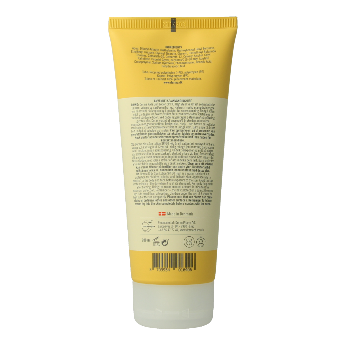 Derma Kids SPF30 sun lotion bottle with 200ml capacity, suitable for children, labeled with SPF protection and sun care benefits.