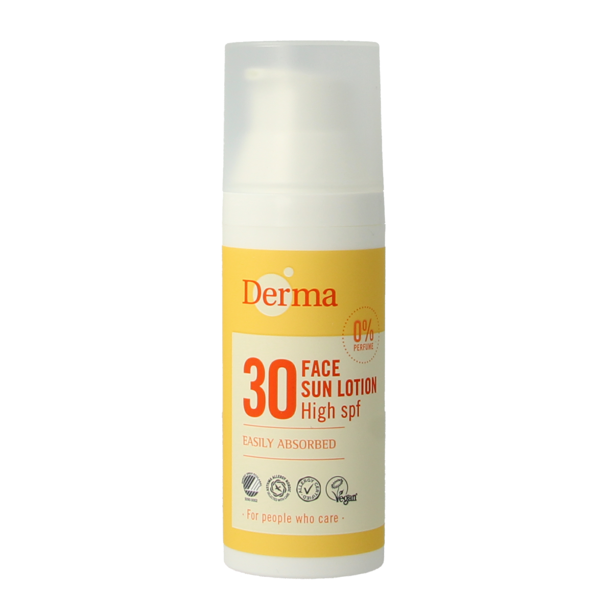 Derma Sun face lotion SPF30 in 50ml bottle, nourishing sunscreen for sensitive skin, with a smooth, lightweight texture.