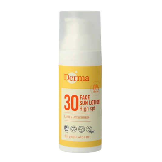 Derma Sun face lotion SPF30 in 50ml bottle, nourishing sunscreen for sensitive skin, with a smooth, lightweight texture.
