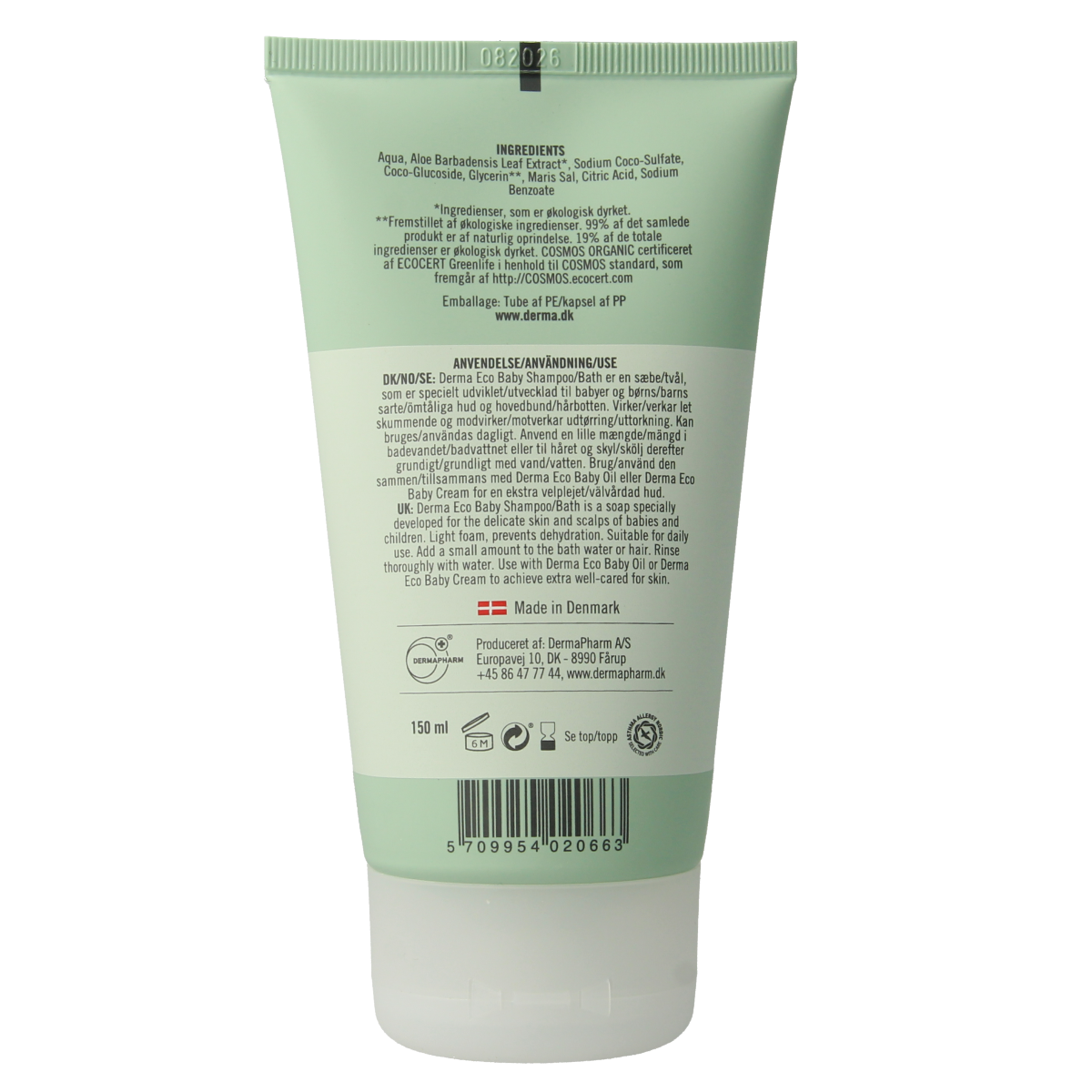 Derma Eco Baby shampoo and bath product in 150ml bottle, gentle for infants and toddlers, with soft packaging and label.