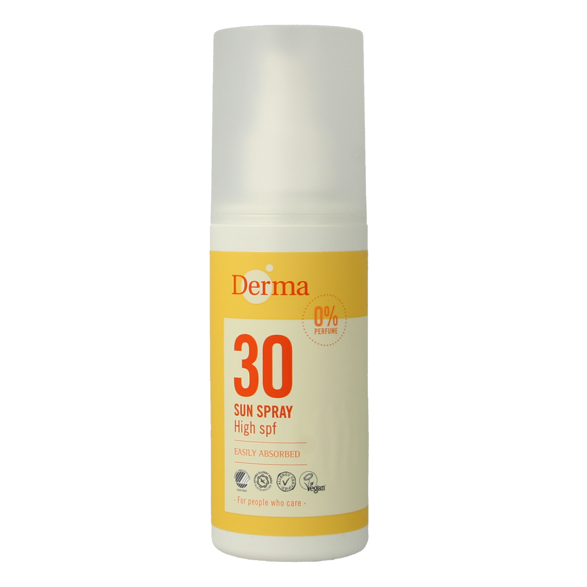 Derma Sun spray SPF30 in 150ml bottle, sun protection Zonnen spray with pump nozzle, outdoor sunscreen product.