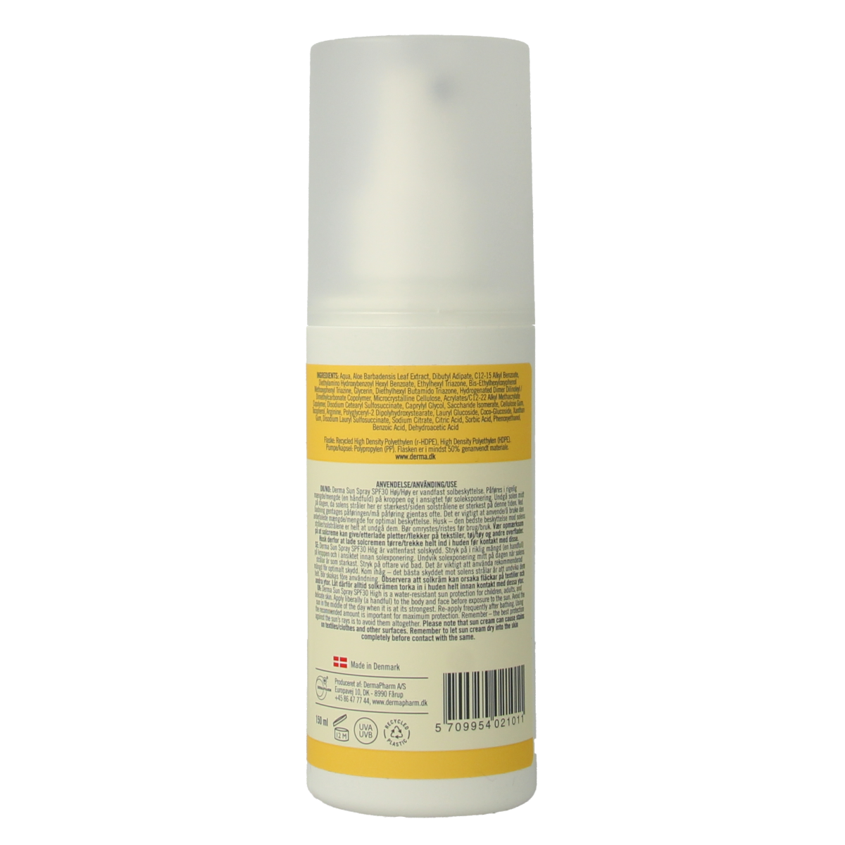 Derma Sun spray SPF30 in 150ml bottle, showing the sunscreen product with a spray nozzle and label, for outdoor sun protection.