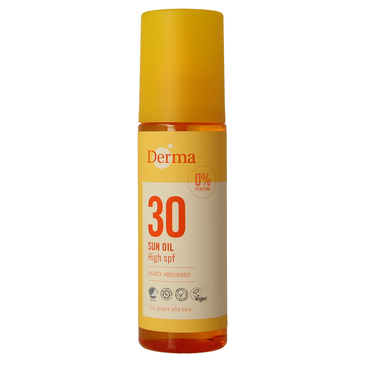 Derma Sun Oil SPF30 in 150ml bottle, featuring a golden liquid with a pump dispenser for sun protection.