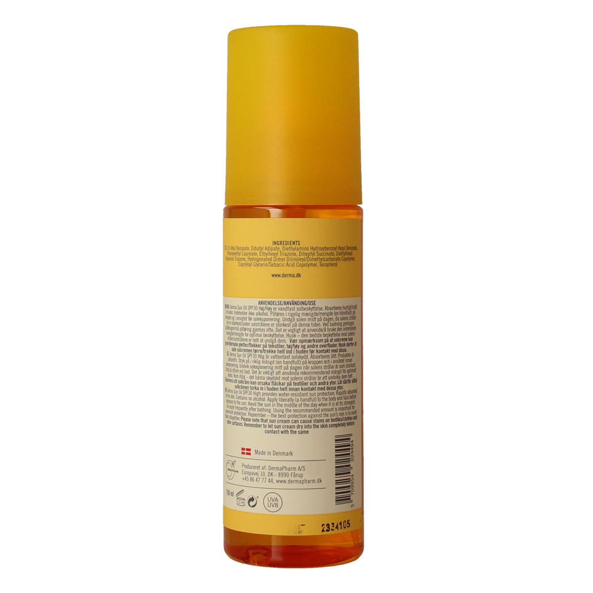Derma Sun Oil SPF30 in 150ml bottle, natural sun protection oil with easy-to-apply formula and lightweight texture.