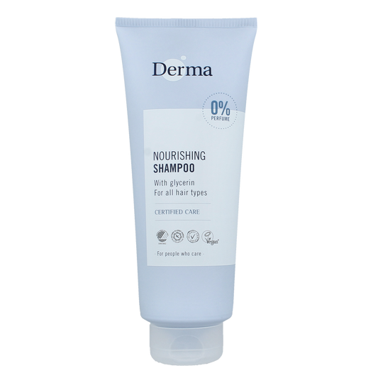 Derma Family shampoo bottle with 350ml capacity, featuring a sleek design, for nourishing hair care.