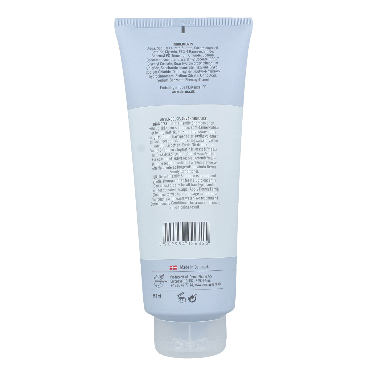 Derma Family shampoo bottle, 350ml, for hair care, with label showing brand name and product size.