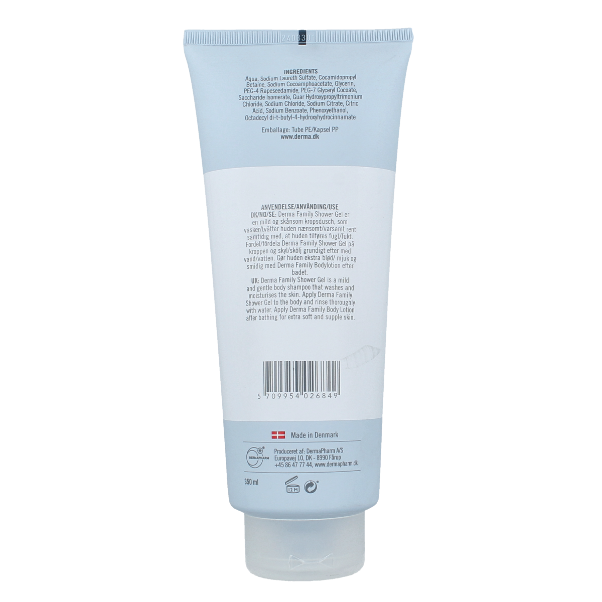 Derma Family shower gel 350ml, gentle bad en douche with moisturizing formula, in a clear plastic bottle with a pump dispenser.
