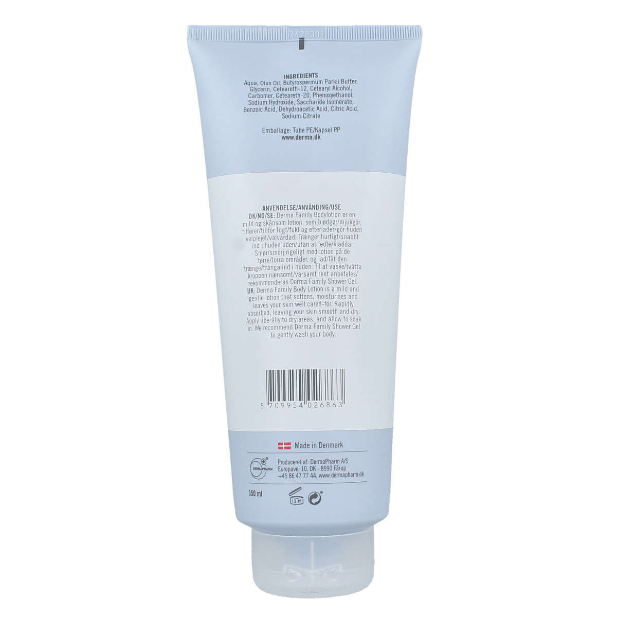 Derma Family body lotion 350ml in a white pump bottle, designed for nourishing and moisturizing the skin.