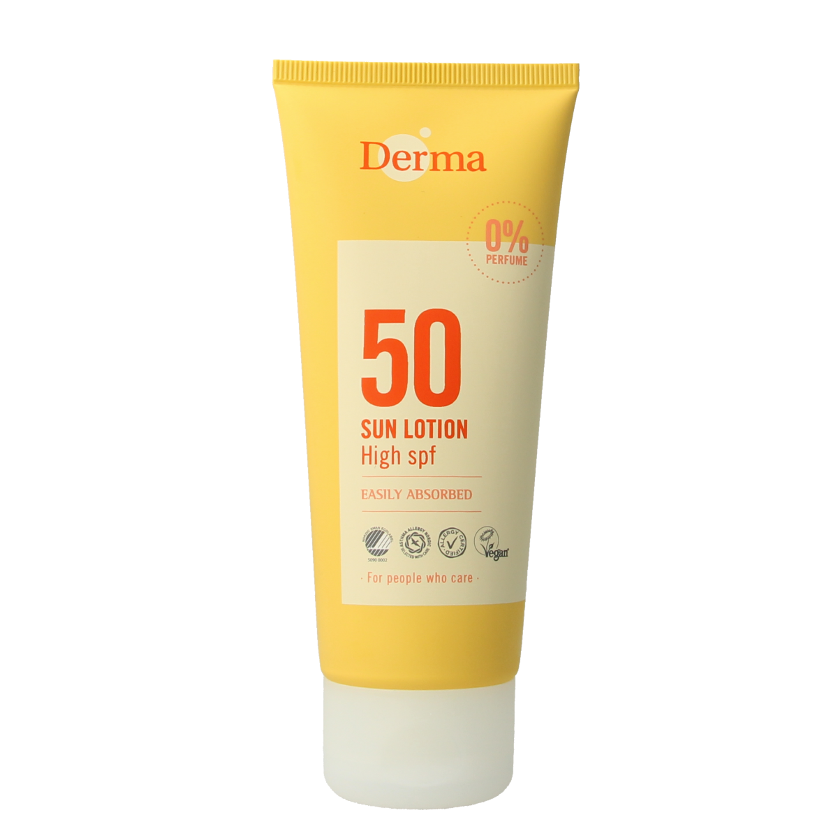 Derma Sun SPF50 sunscreen lotion in 100ml bottle, outdoor sun protection product with a white and blue packaging design.