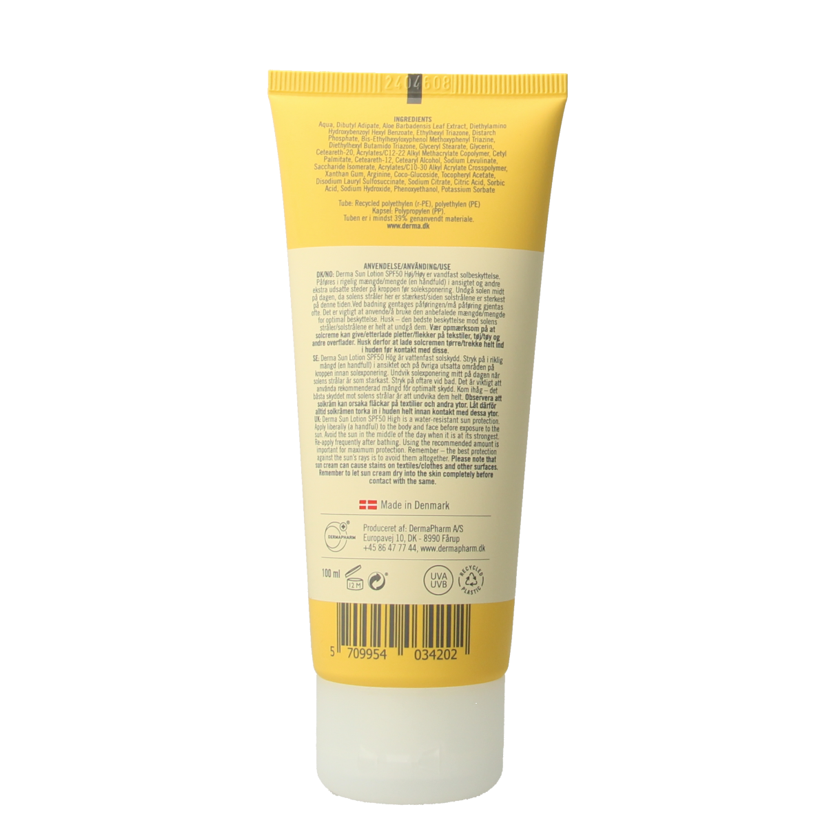 Derma Sun SPF50 lotion in 100ml bottle, sun protection product with a pump dispenser and label displaying SPF50 and brand name.