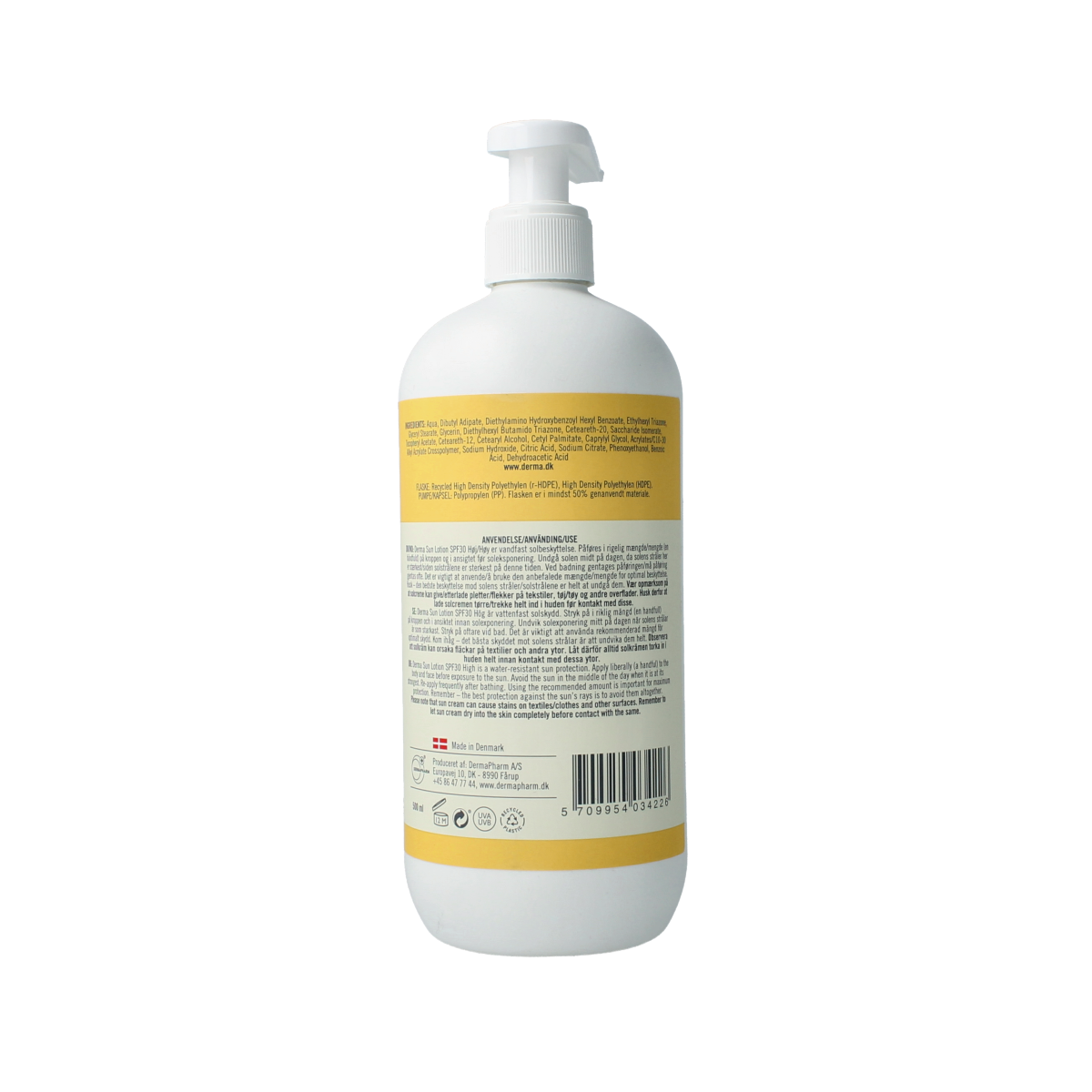 Derma Sun lotion SPF30 bottle with 500ml volume, featuring a yellow and white label, designed for sun protection.