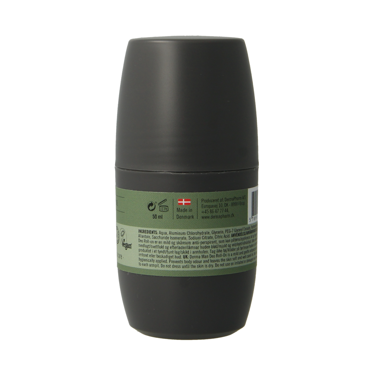 Derma Man deodorant roll-on in 50ml bottle, natural skin protection and fresh scent, displayed with the product label.