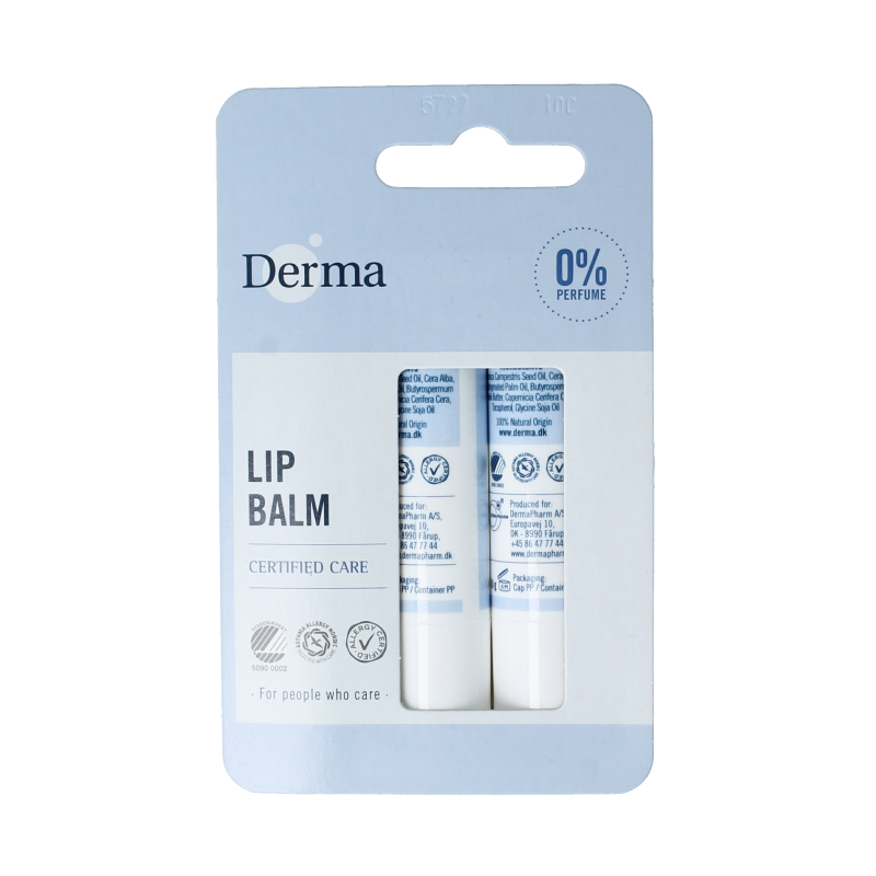 Two Derma Family lip balm tubes, moisturizing lip care product with natural ingredients, in a simple packaging design.