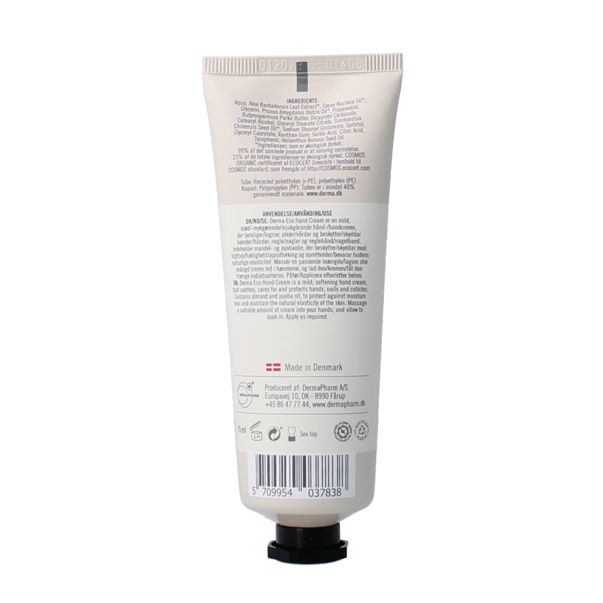Derma Eco hand cream in 75ml tube, moisturizing hand care product with natural ingredients, shown in a close-up image.
