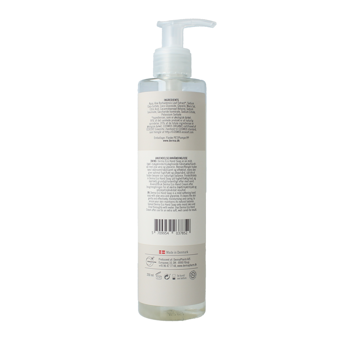Derma Eco hand soap bottle with 250ml capacity, eco-friendly hand skincare product from Derma with pump dispenser.