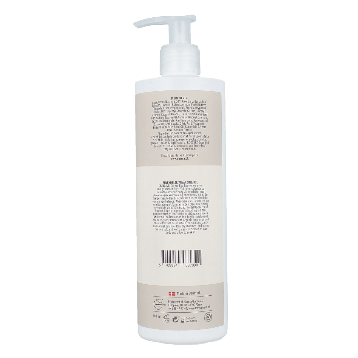 Derma Eco bodylotion in 400ml bottle, a natural body care product with a sleek pump dispenser for moisturizing skin.