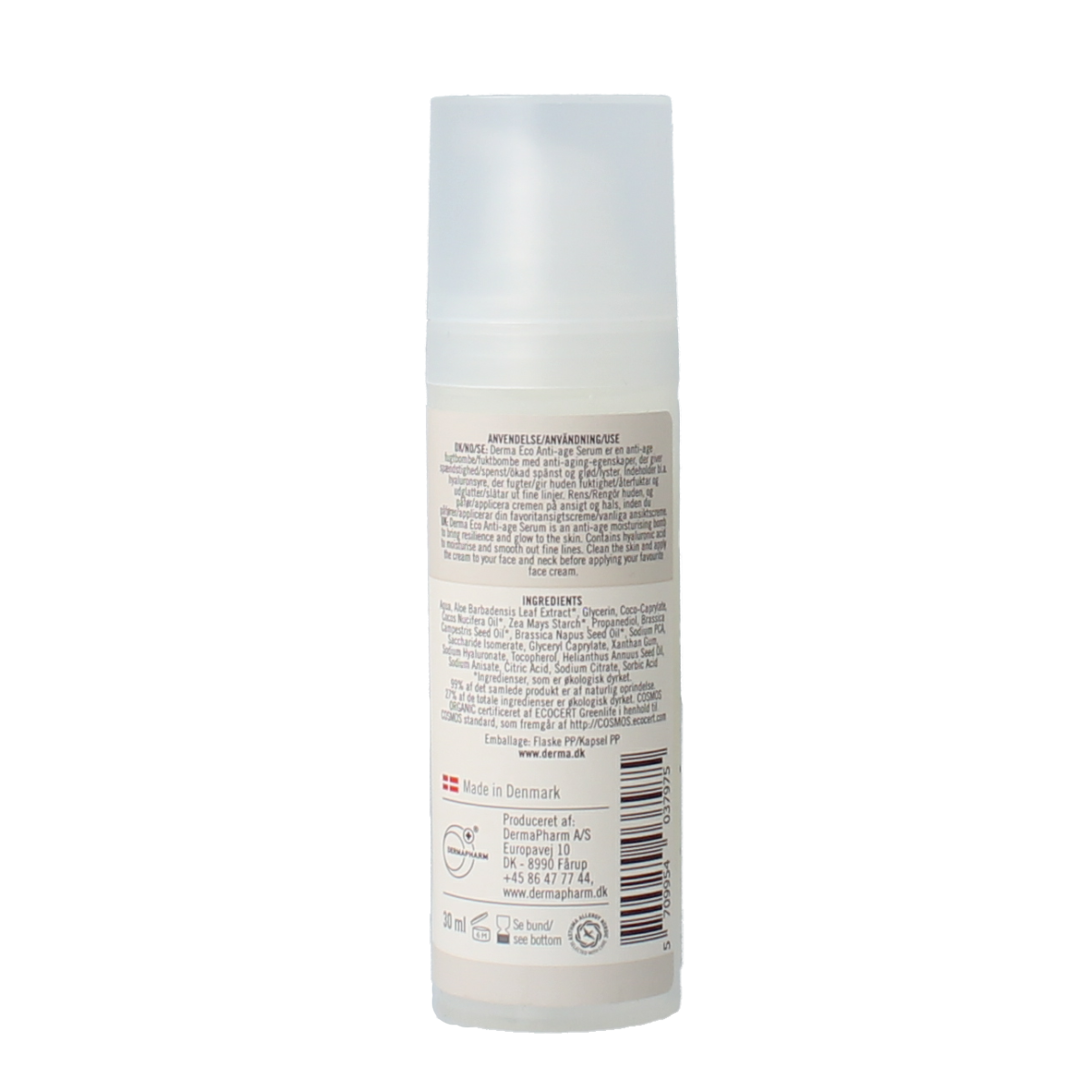 Derma Eco anti-age serum in a 30ml bottle, facial skincare product with a clear pump dispenser and sleek design.