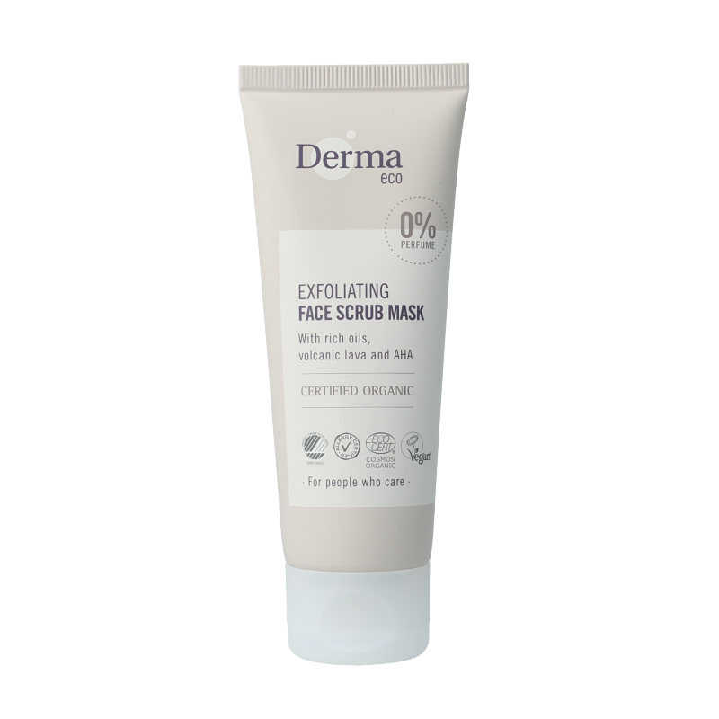 Derma Eco gezichtsscrub in 75ml tube, natural facial skincare product with exfoliating particles, designed for gentle skin renewal.