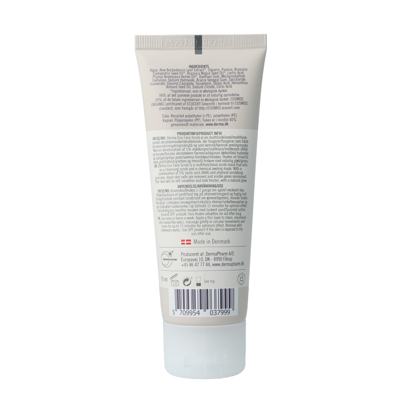 Derma Eco gezichtsscrub in 75 ml tube, natural facial skincare product with exfoliating properties, shown in close-up.