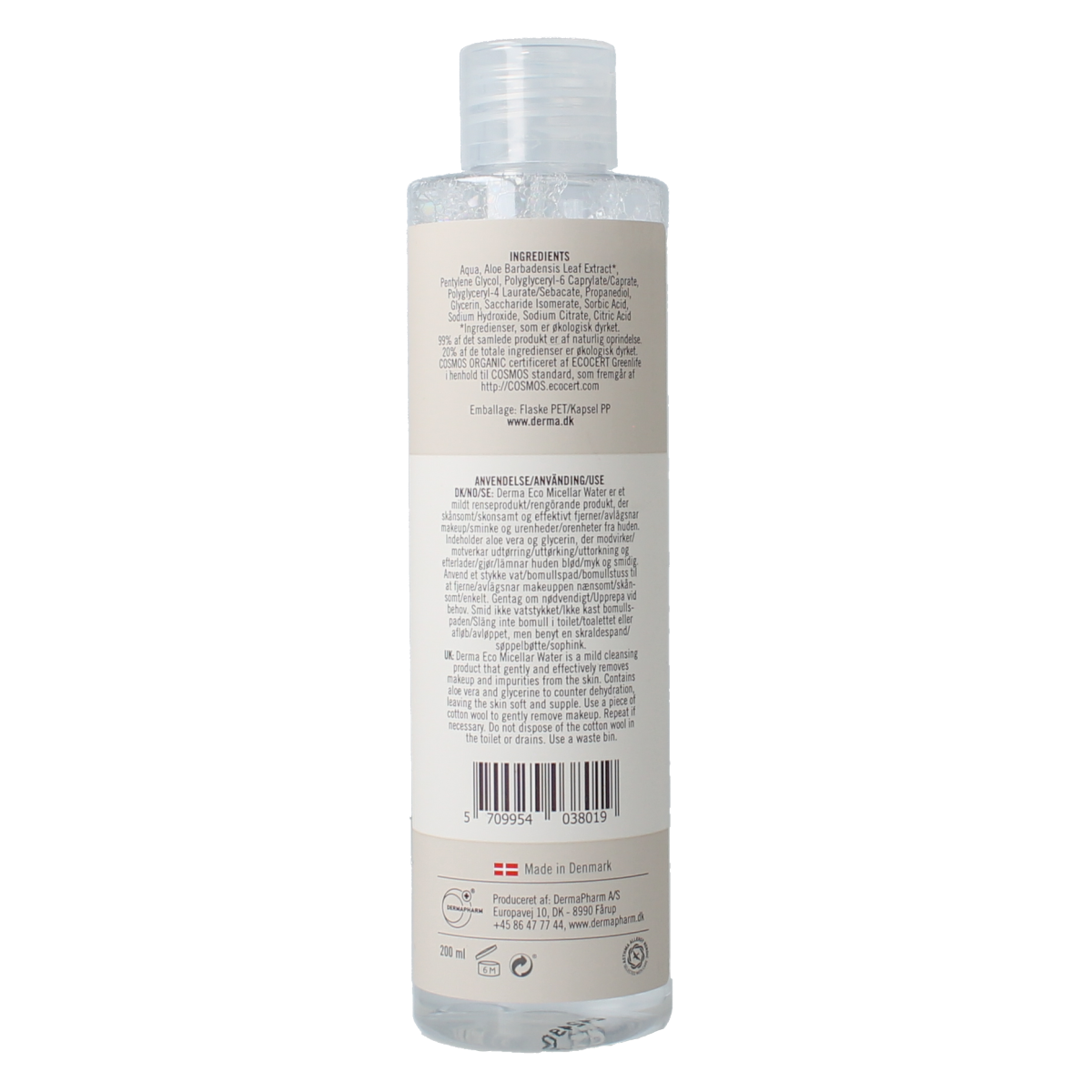 Derma Eco micellar water 200ml bottle for facial cleansing and gentle skincare, with clear liquid and minimalist packaging.
