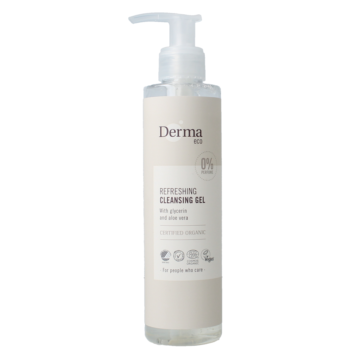 Derma Eco Cleansing Gel in 200ml bottle, facial skincare product with clear gel texture and brand label visible.