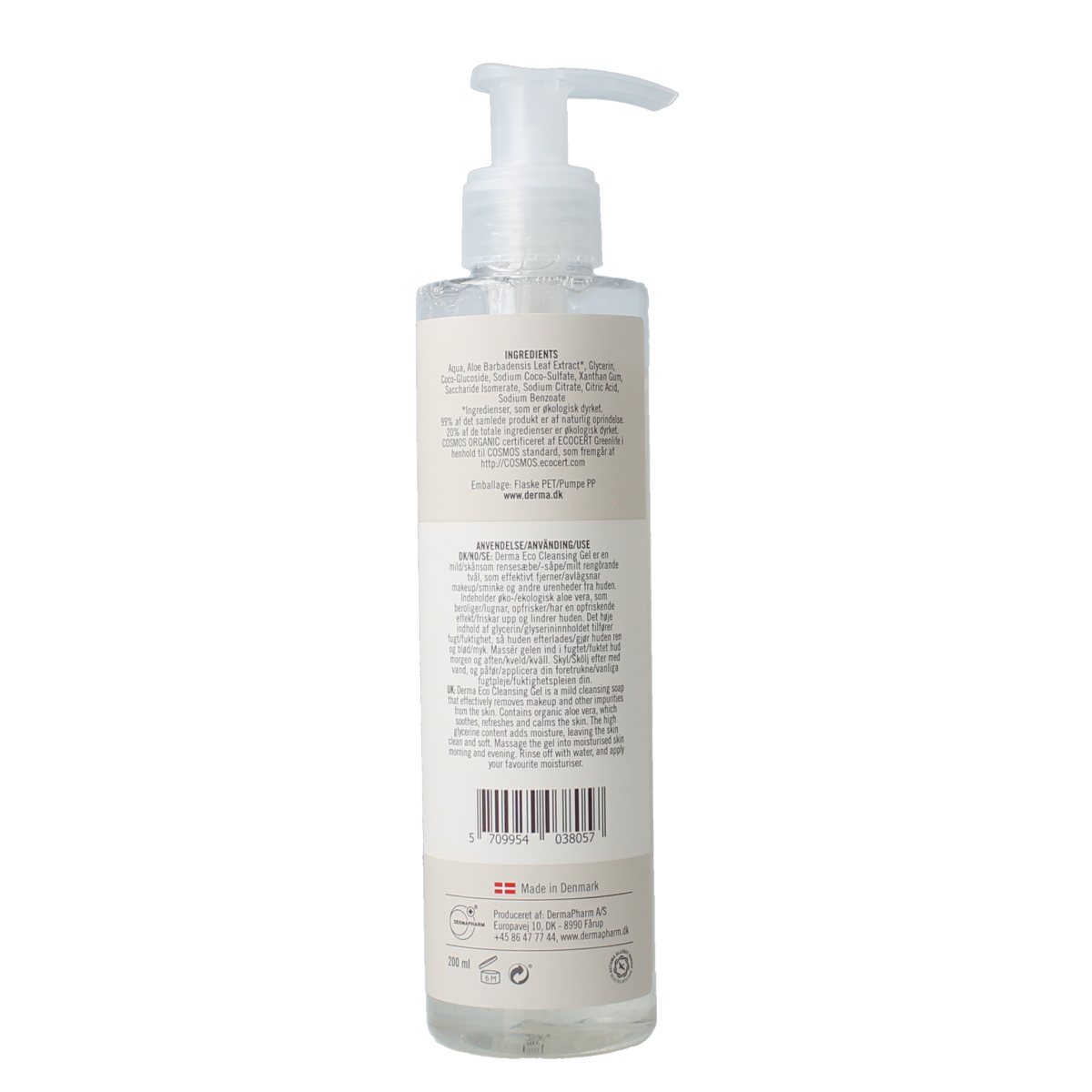 Derma Eco cleansing gel in 200ml bottle, facial skincare product with a clear pump dispenser and minimalist label.