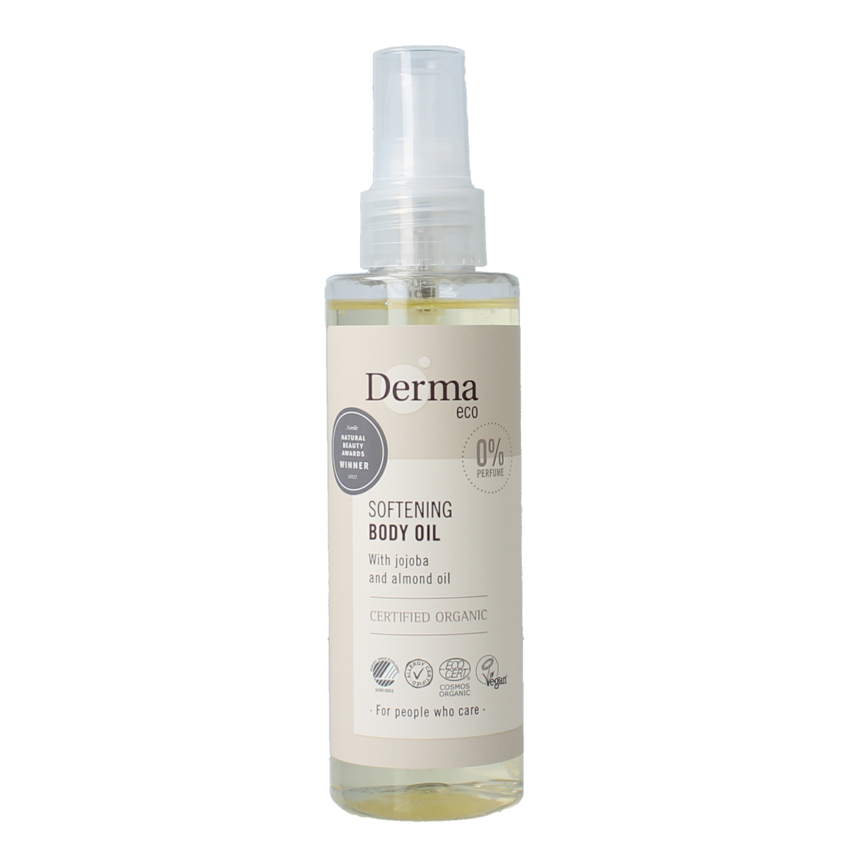 Derma Eco body oil 150ml bottle, natural skincare product for nourishing and moisturizing skin, with a sleek design.