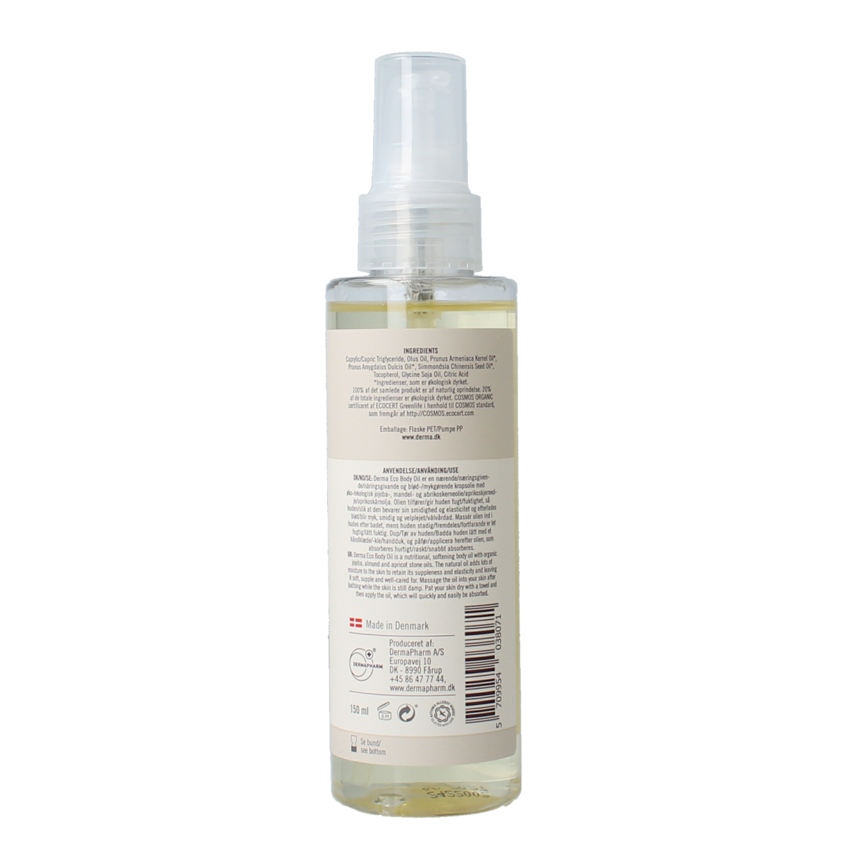 Derma Eco body oil in 150ml bottle, natural skincare product for nourishing and moisturizing the skin.