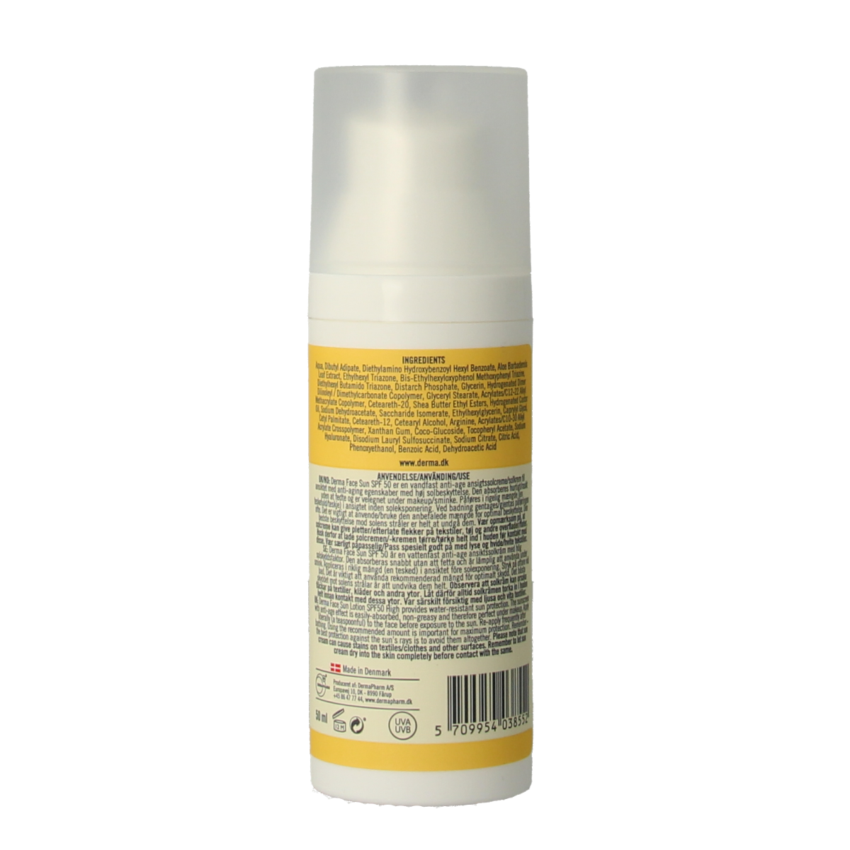 Derma Sun SPF50 face lotion in 50ml bottle, moisturizing sunscreen for face with broad-spectrum sun protection.