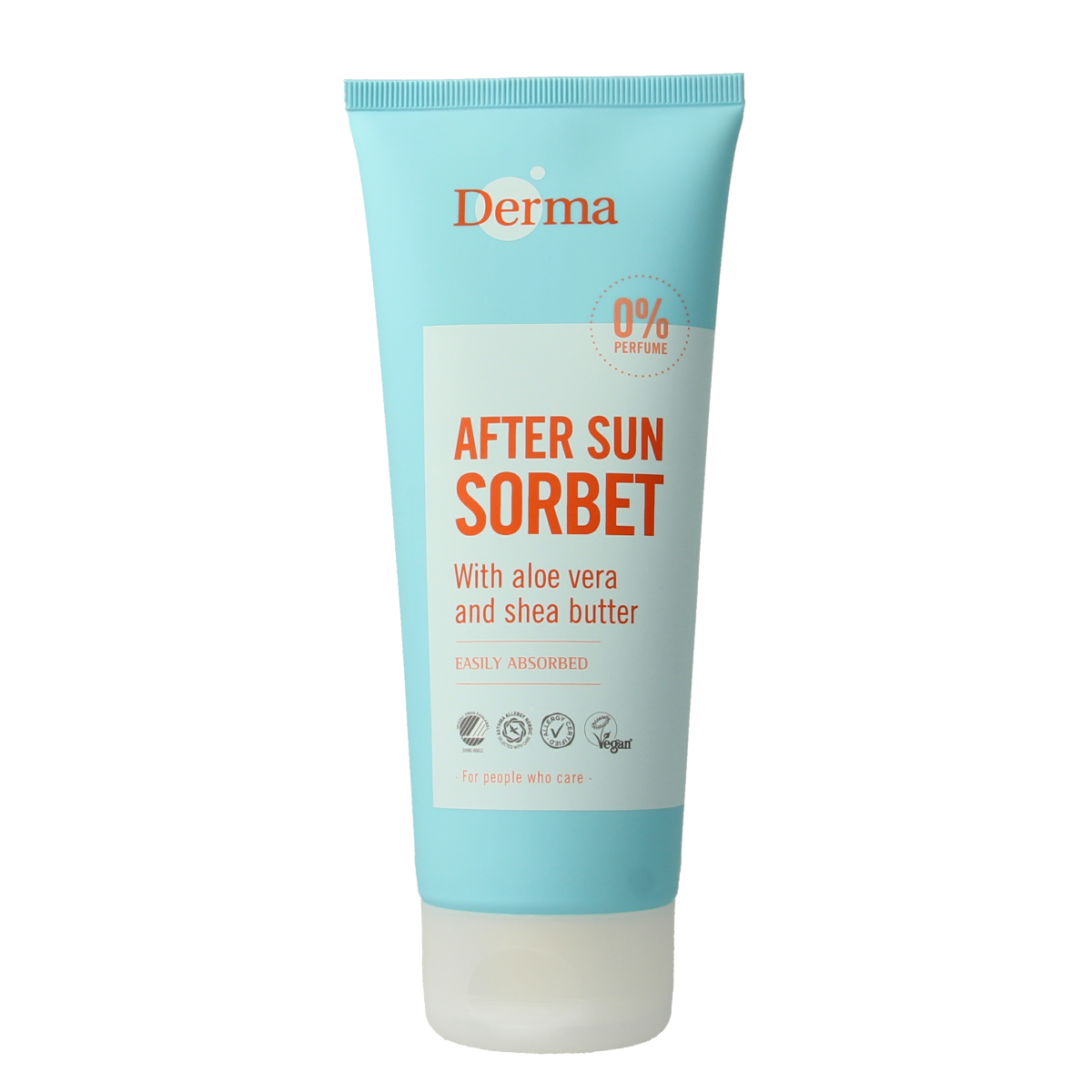 Derma Aftersun Sorbet in 200ml container with cooling, soothing gel texture for sun-exposed skin, branded Derma.