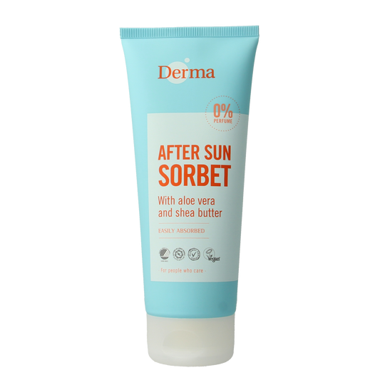 Derma Aftersun Sorbet in 200ml container with cooling, soothing gel texture for sun-exposed skin, branded Derma.