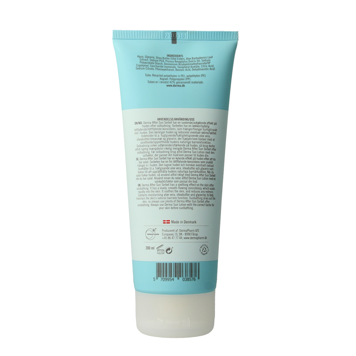 Derma Aftersun sorbet 200ml, soothing sun care product with a creamy texture, designed to hydrate and cool sun-exposed skin.