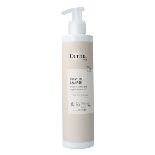 Derma Eco shampoo bottle, 250ml, with green and white packaging, designed for hair care and scalp nourishment.