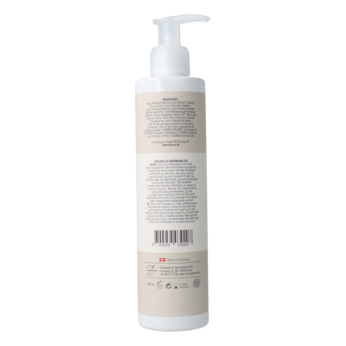 Bottle of Derma Eco shampoo for hair care, 250ml, with label visible, featuring eco-friendly branding and clear product packaging.