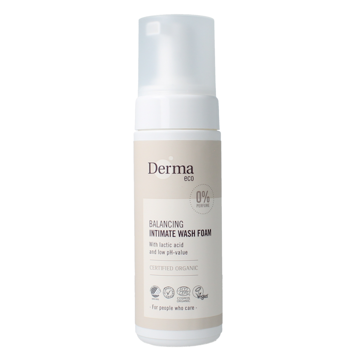Derma Eco Intimate Wash Foam 150ml bottle, creamy texture, and label visible, for gentle personal hygiene and body care.