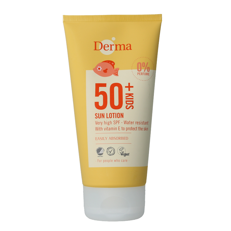 Derma Sun kids SPF50 lotion bottle, 150ml, with sun protection label, designed for children's skin.