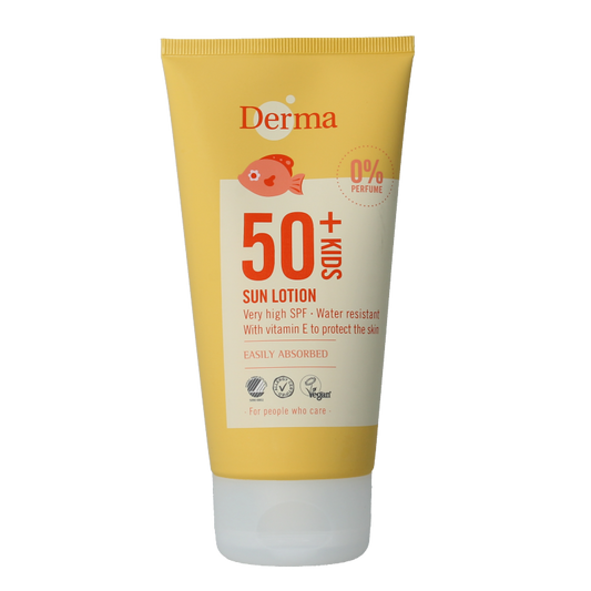 Derma Sun kids SPF50 lotion bottle, 150ml, with sun protection label, designed for children's skin.