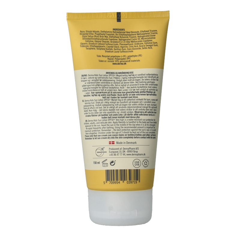 Derma Sun kids SPF50 lotion in 150ml bottle, gentle sun protection for children, with colorful packaging and pump dispenser