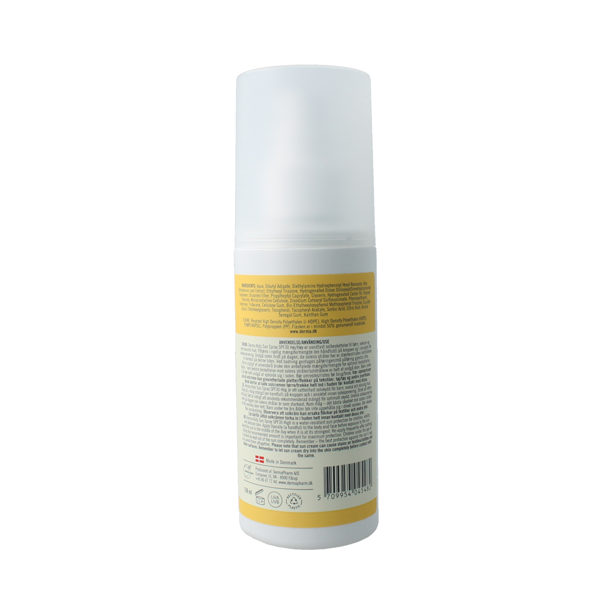 Derma Sun kids SPF30 spray bottle with 200ml sunscreen, featuring a colorful label and spray nozzle for sun protection.